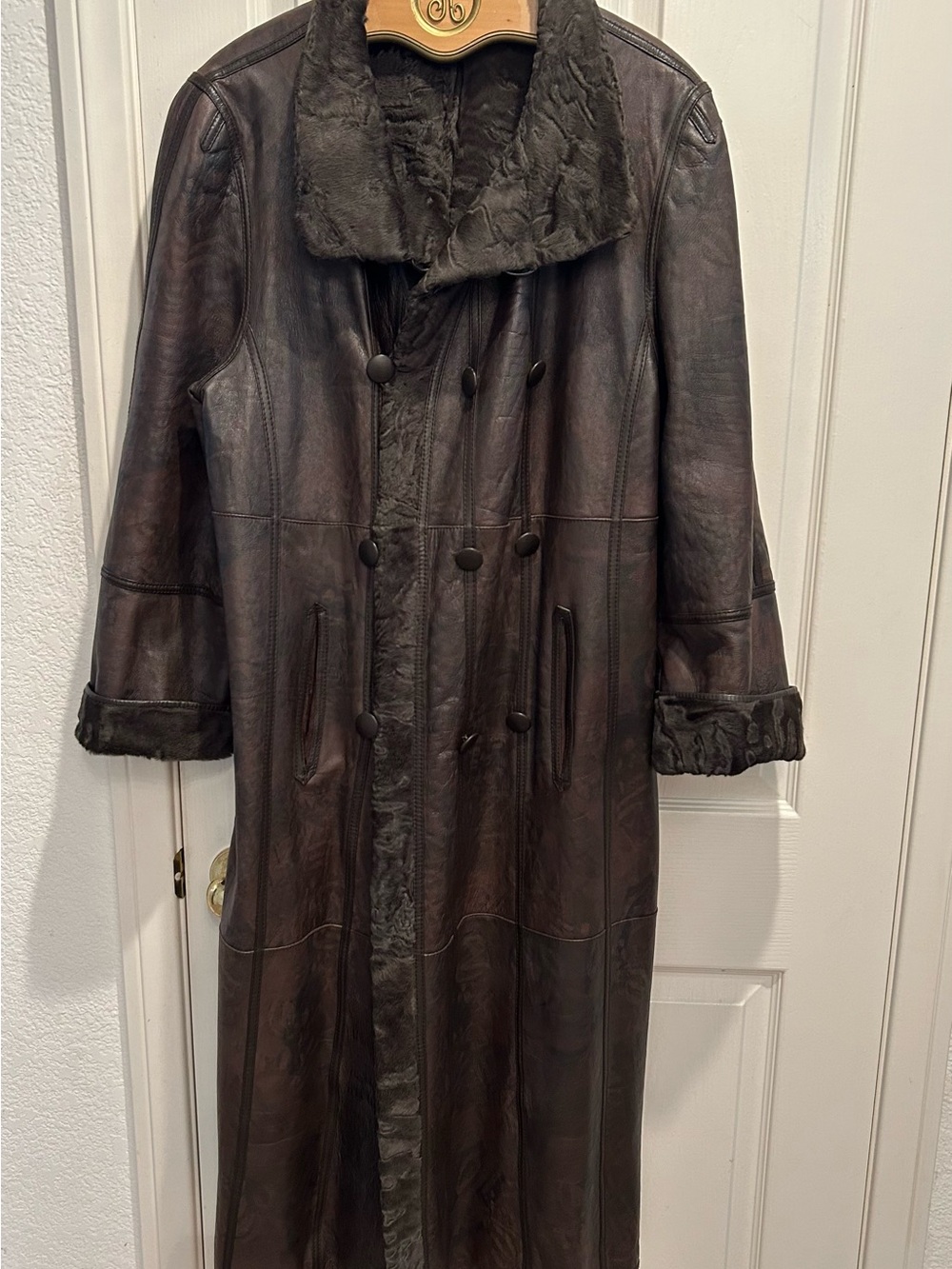 Women’s Long reversible curly Persian lamb Brown Leather Coat